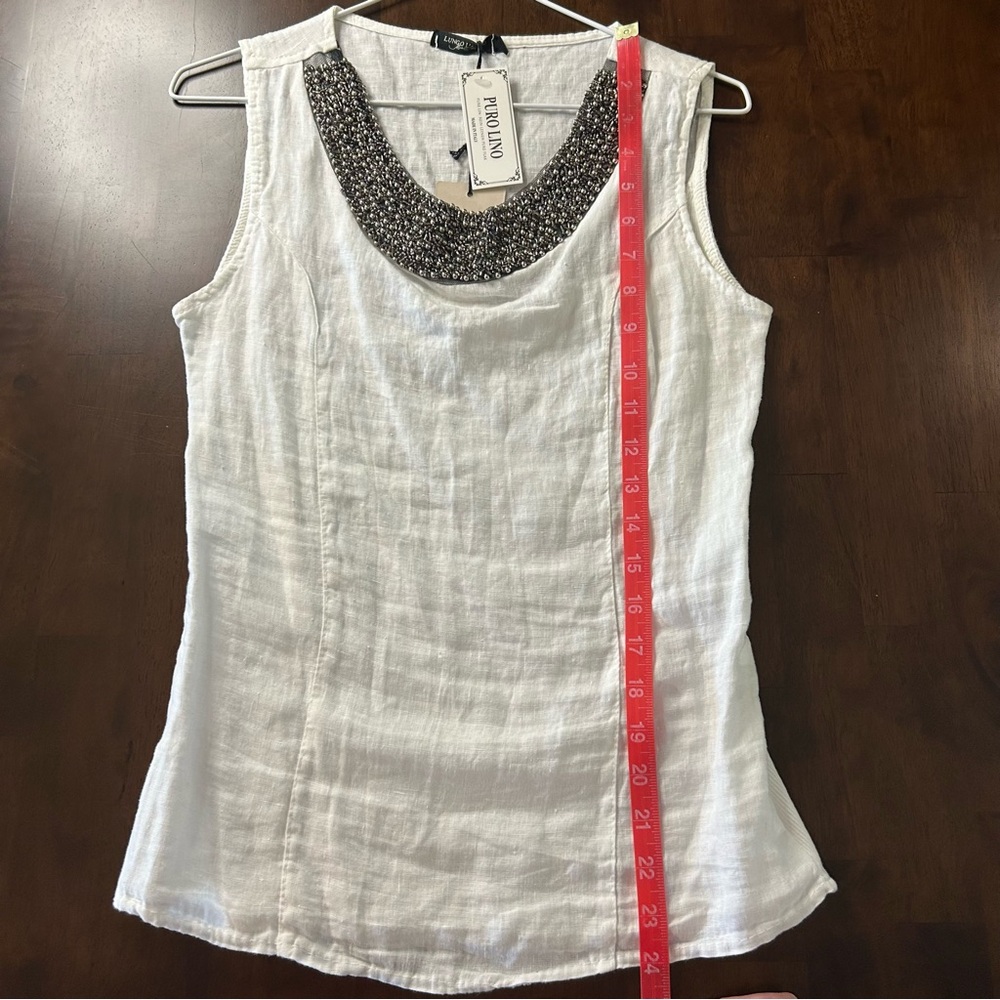 Lungo L'Arno NWT White Beaded 100% Linen Tank Blouse Made In Italy Size Small - Picture 13 of 13